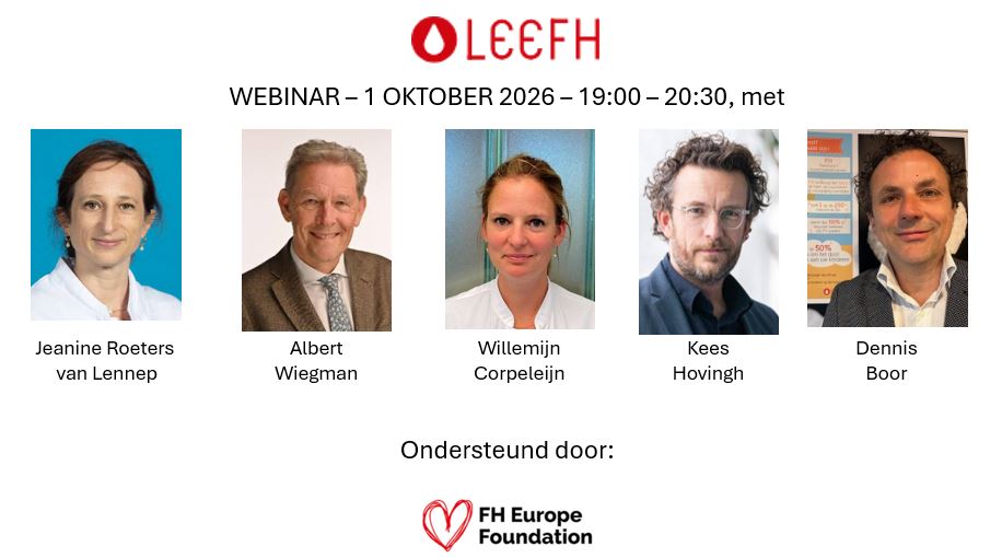 Aankondiging van het LEEFH-webinar op 1 oktober 2026, met de sprekers Jeanine Roeters van Lennep, Albert Wiegman, Willemijn Corpeleijn, Kees Hovingh en Dennis Boor. Ondersteund door de FH Europe Foundation.